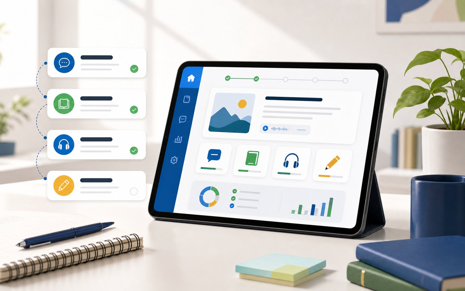 Tablet preview of an online English course with lesson cards and progress charts